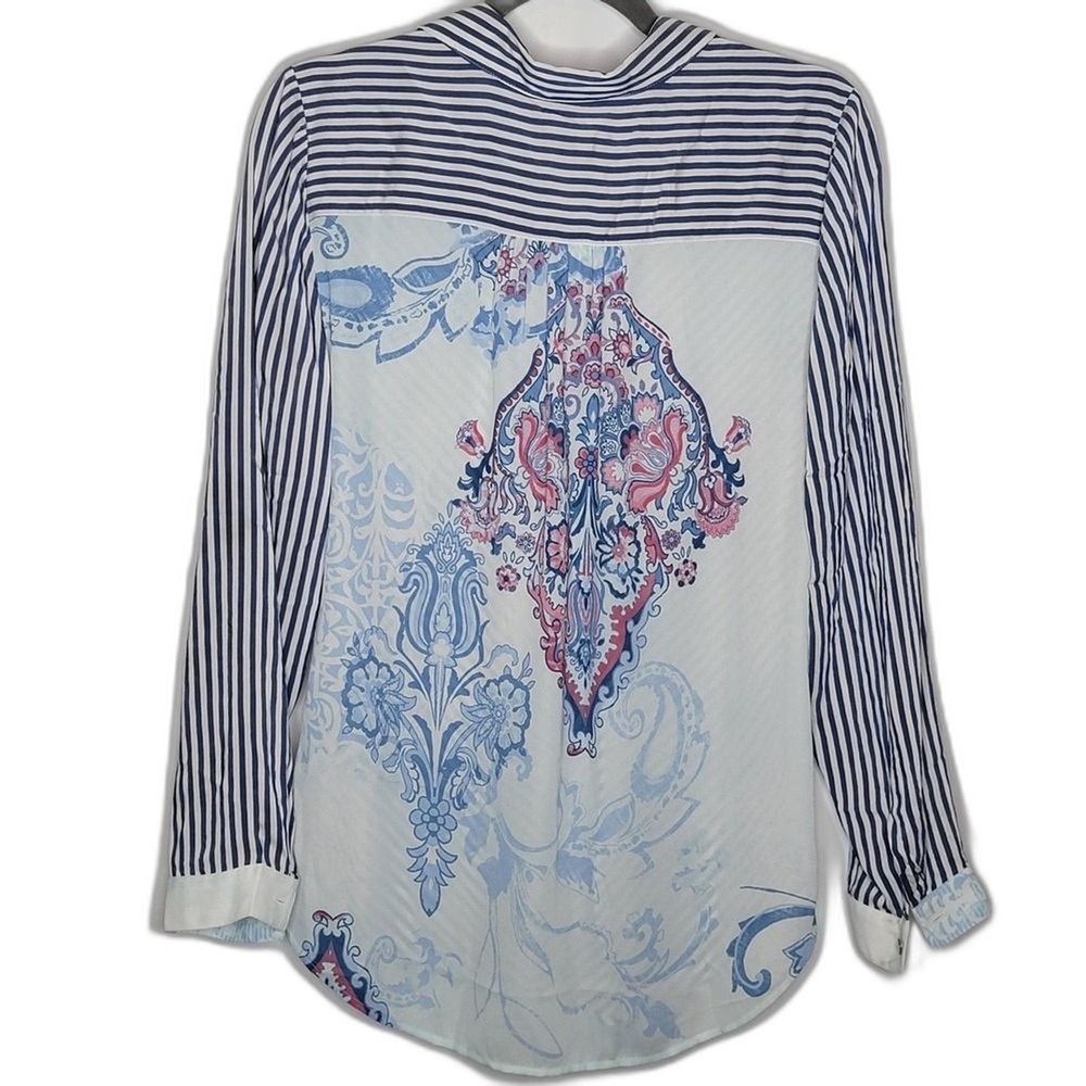 Chico's Size 0 (4/6) Blouse Striped Floral Button Down‎ Long Sleeve CoastalChic